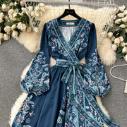 High quality vintage floral prints V-neck elegant long dress