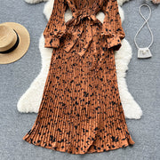 High quality vintage high neck pleated belt lantern long sleeve elegant dress