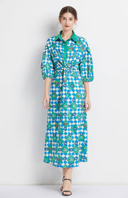 High Quality Three Quarter Sleeve Square Print Long Dress