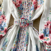 High Quality Belted High Neck Lantern Sleeves Long Floral Dress