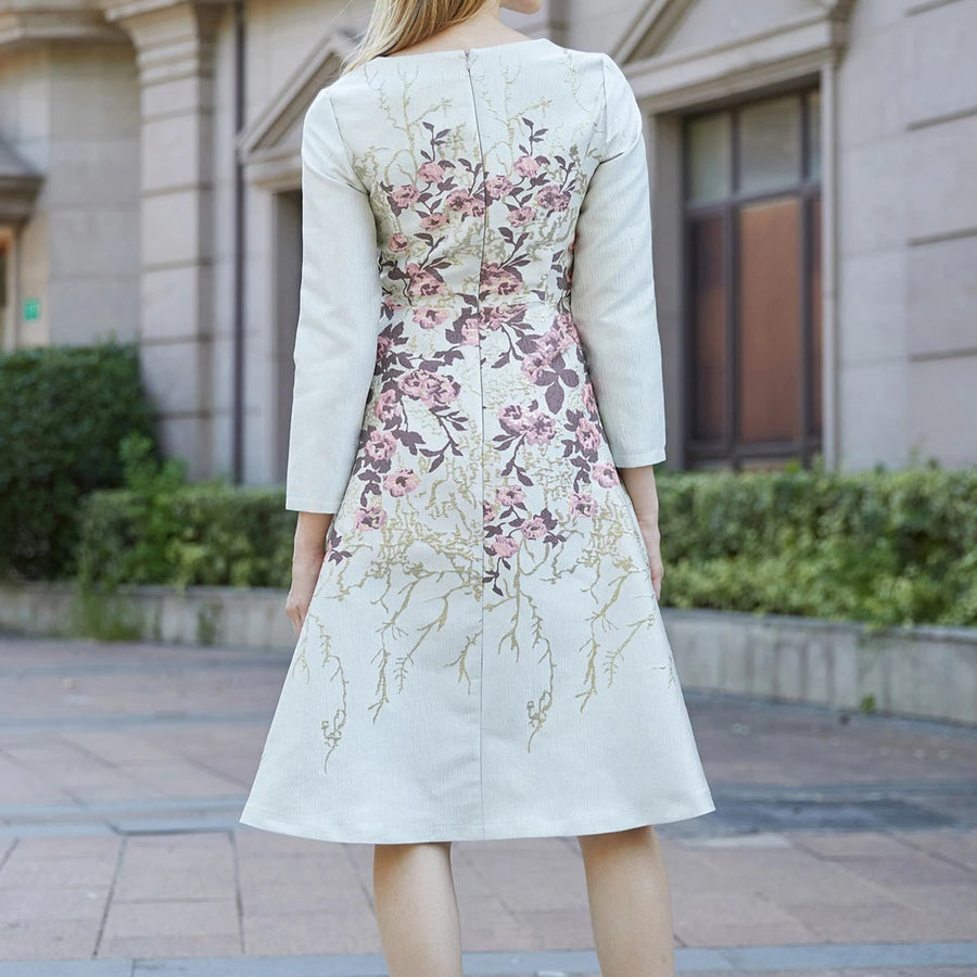 High Quality V Neck Long Sleeve Knee Length Floral Bohemian Dress