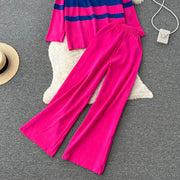 High Quality Striped Zipper Long Sleeve+Wide Leg Pant Two Piece Set