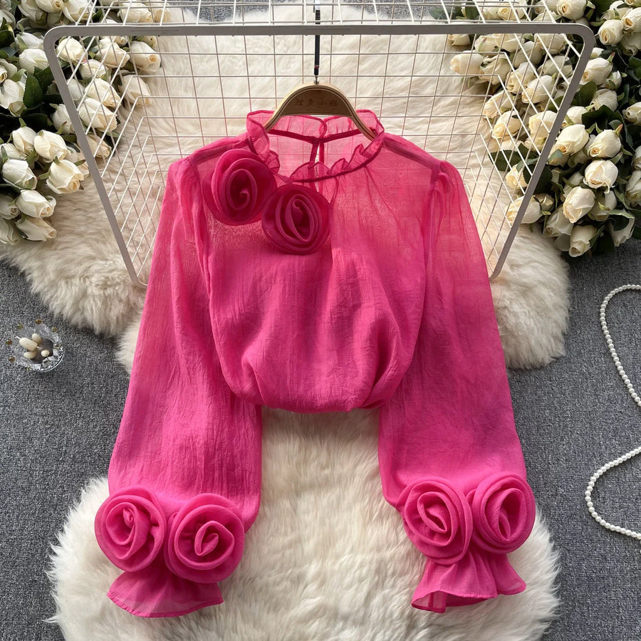 High Quality Loose Fit Fitted Lantern Sleeve Ruffled Chiffon Blouse