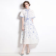 High Quality A-Line Floral Print Turn-down Collar Short Sleeve Chiffon Elegant Dress