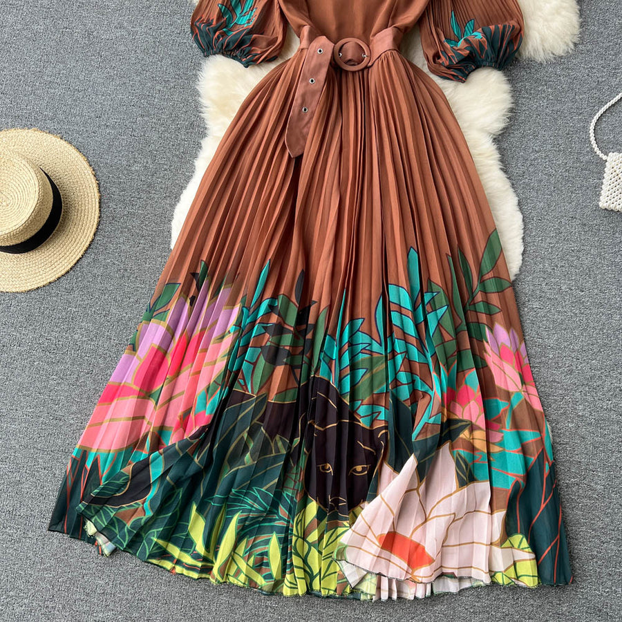 High Quality Round Neck Leaf Floral Print Belted Short Sleeve Pleated Long Dress