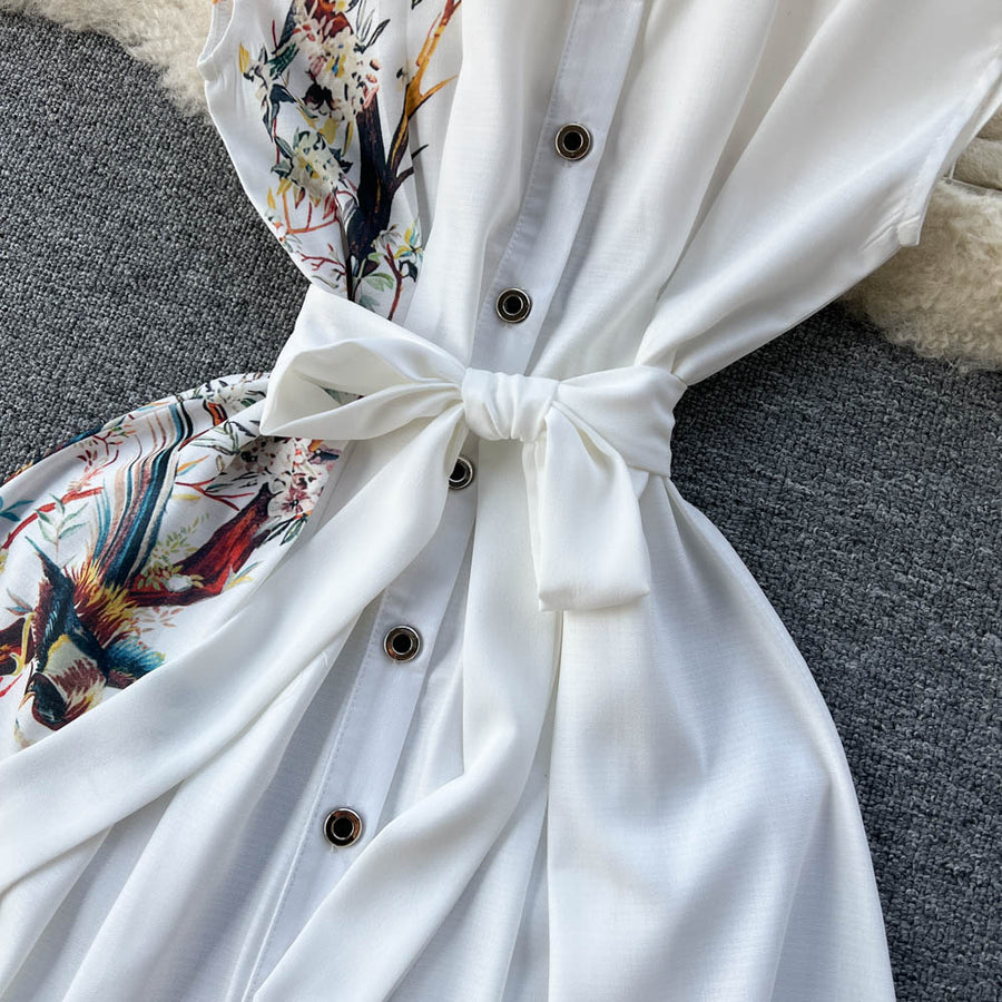 High Quality Bow Flower Print Sleeveless White Shirt Dress