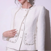 New Elegant Work Ladies Pearl O-Neck Short Jacket Outfits Autumn Winter Party Coat Two-Piece Set Above Knee Length Shorts Sets