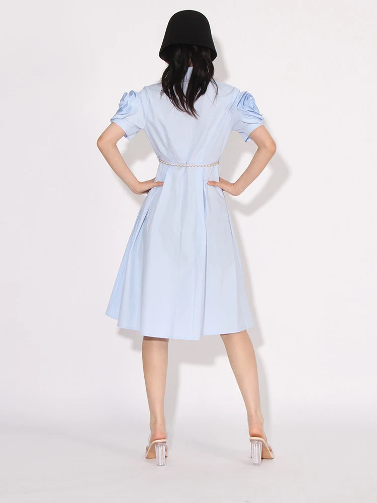 Solid Dresses Short Sleeve High Waist Metal Belt High Quality ROSE / S Solid Dresses Short Sleeve High Waist Metal Belt High Quality ROSE / S