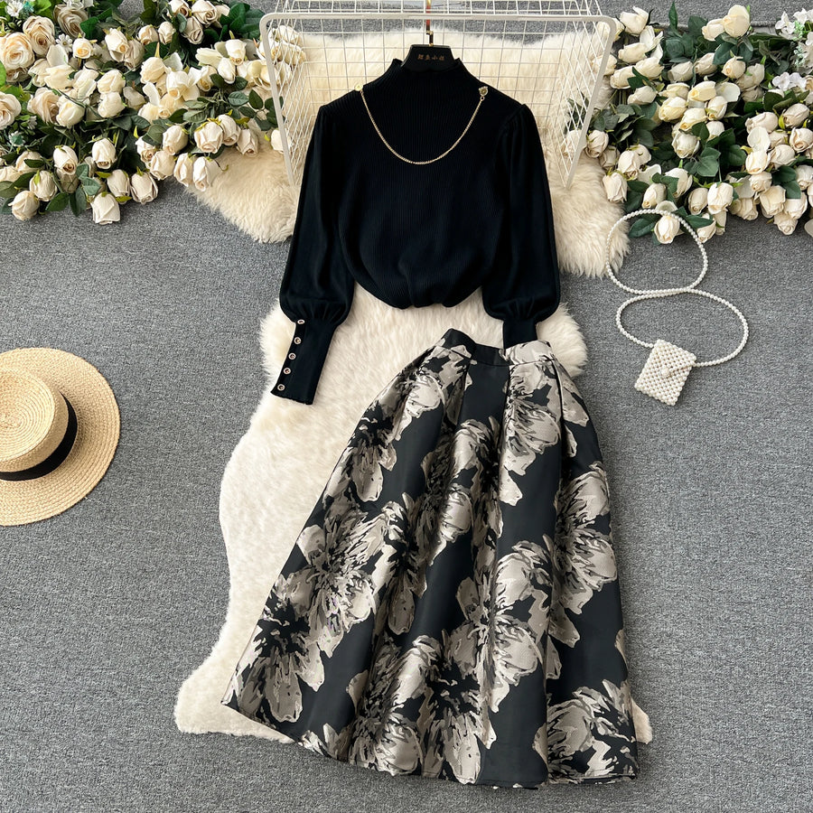 winter two piece dress Autumn Winter Vintage Two Piece Sets Slim Fit Jacquard Floral Long Skirt and Top Black / L