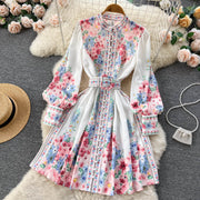 High Quality Belted High Neck Lantern Sleeves Long Floral Dress