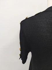 Women's Basic Solid Color Knitted Sweater, Round Neck, Short Sleeve, Patches, Metal Buckles, Temperament