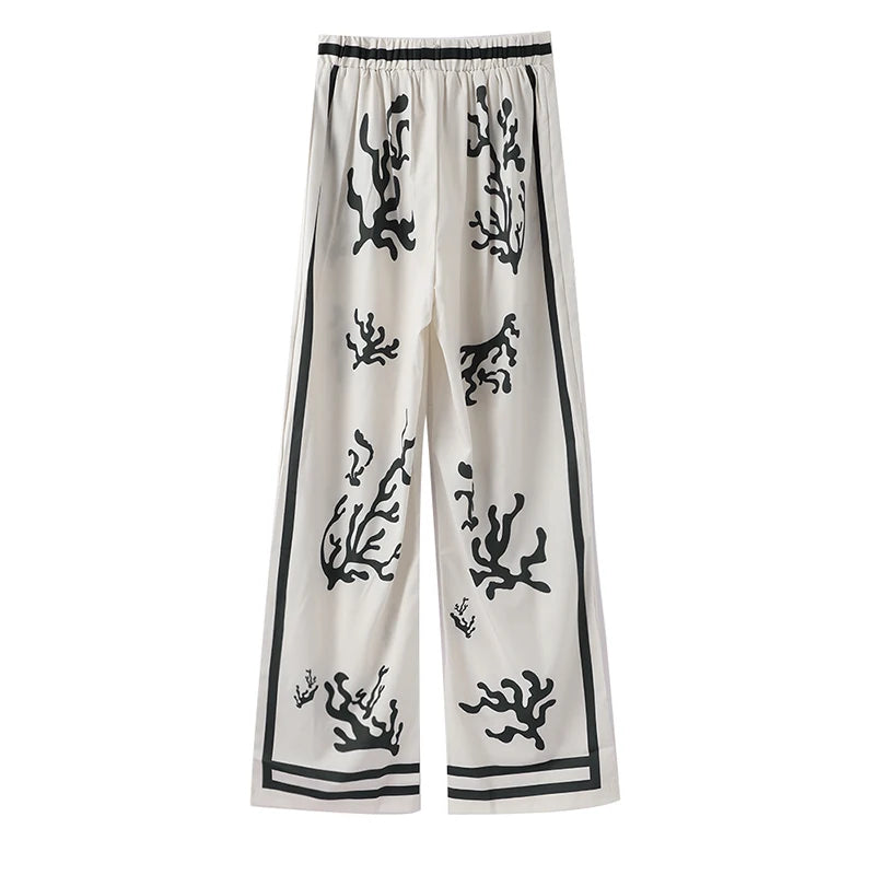 2024 Summer Fashion Print Long Pant Sets Women's Lapel Long Sleeve Shirt Wide Leg Trousers Lady Chic 2 Pieces Sets Street Outfit