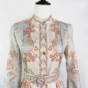 Floral print dress with long sleeves, high neck, and belt, high quality midi length