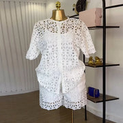 Hollow Out Women's Set Short Sleeve Shirt and Shorts Suit  Summer OL Fashion Two 2 Piece Sets Outfit Tracksuit