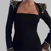 High Quality Colorful Diamonds Luxury Sexy Evening Square Neck Black Bandage Dress