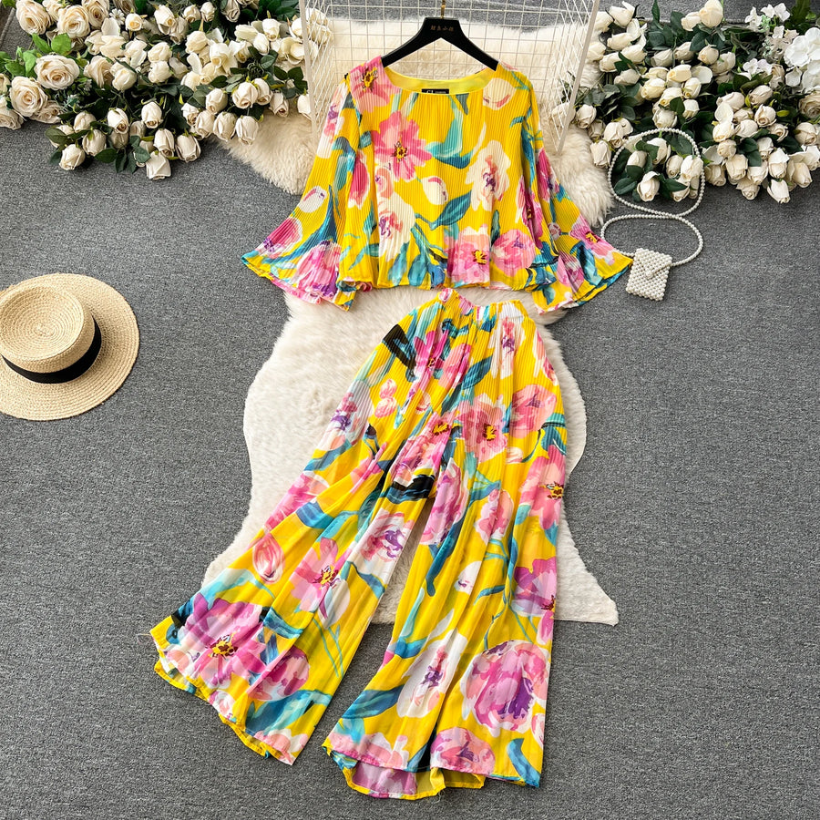 Autumn Women Draped Two Piece Set Bohemian Female Floral Pleated Short Blouse + High Waist Wide Leg Pants Chiffon Suit 2Pcs New