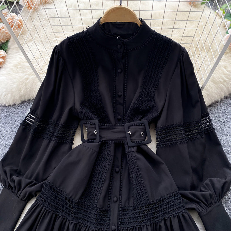 High Quality Stand Collar Puff Long Sleeve Button A Line Short Dress