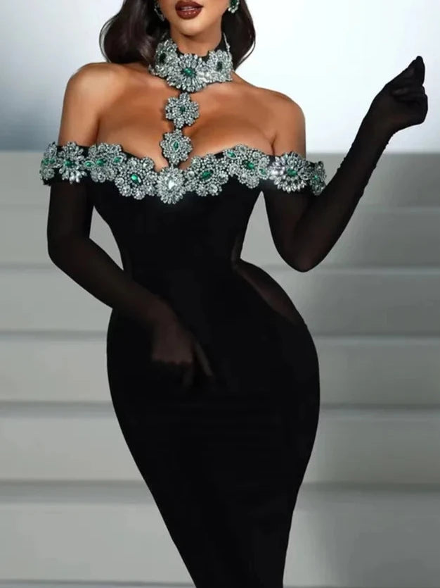High quality diamond sexy bandage long bodycon dress Black / XS High quality diamond sexy bandage long bodycon dress Black / XS