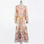 Floral print dress with long sleeves, high neck, and belt, high quality midi length