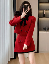 New Elegant Red Short Mini Bodycon Suit Skirt Double-breasted Bow Coat 2 Pieces Suits