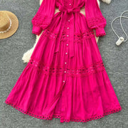 Elegant retro style slit maxi dress with pearl buttons and high-quality crochet embroidery