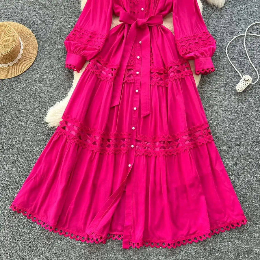 Elegant retro style slit maxi dress with pearl buttons and high-quality crochet embroidery
