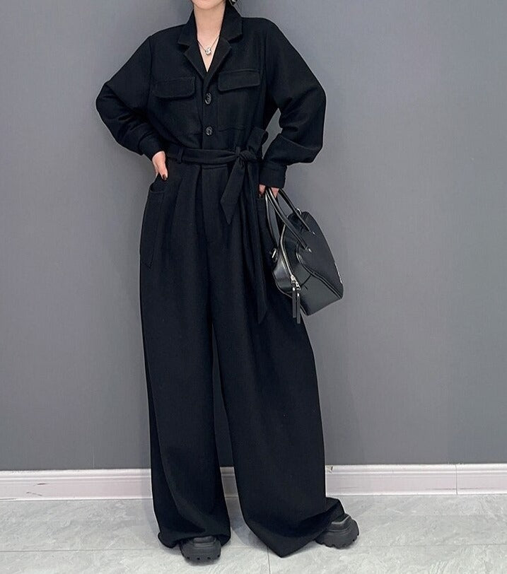 High Quality Loose Wide Leg Long Sleeve Solid Color One Piece Jumpsuit