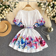 High Quality Ruffle Print Elegant Puff Short Sleeve A-line Dress