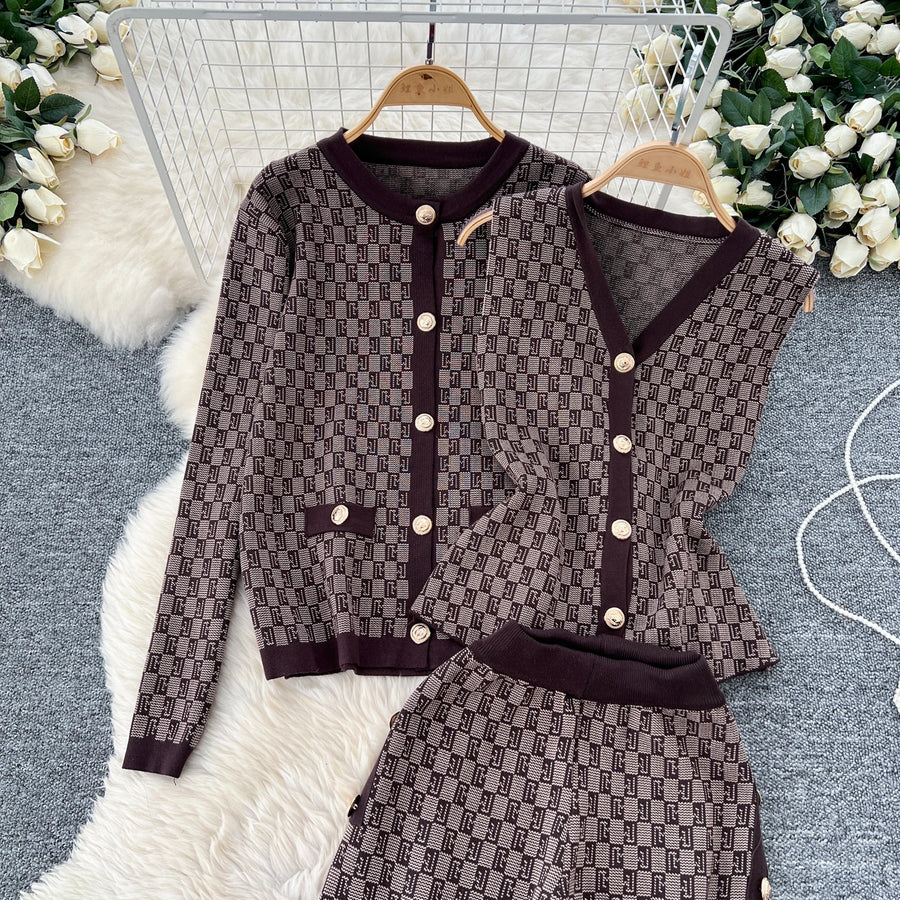 Three-piece sets knitted cardigans + high quality elastic long pants.