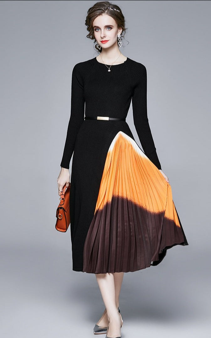 Elegant Black Long Sleeve Pleated Belted Midi Dress High Quality