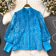 Lantern Long Sleeve Vintage Lace Blouse Women Stand-up Collar Buttons Simple Lace Shirt Elegant Loose See Through Top 29918