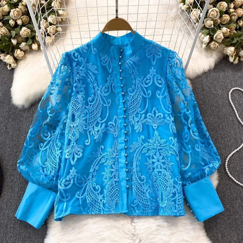 Lantern Long Sleeve Vintage Lace Blouse Women Stand-up Collar Buttons Simple Lace Shirt Elegant Loose See Through Top 29918