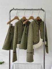 High Quality Fall Winter French Vintage Two Piece Set For Women Jacket Coat + Skirt 2 Piece Suits Conjuntos Femininos Elegantes