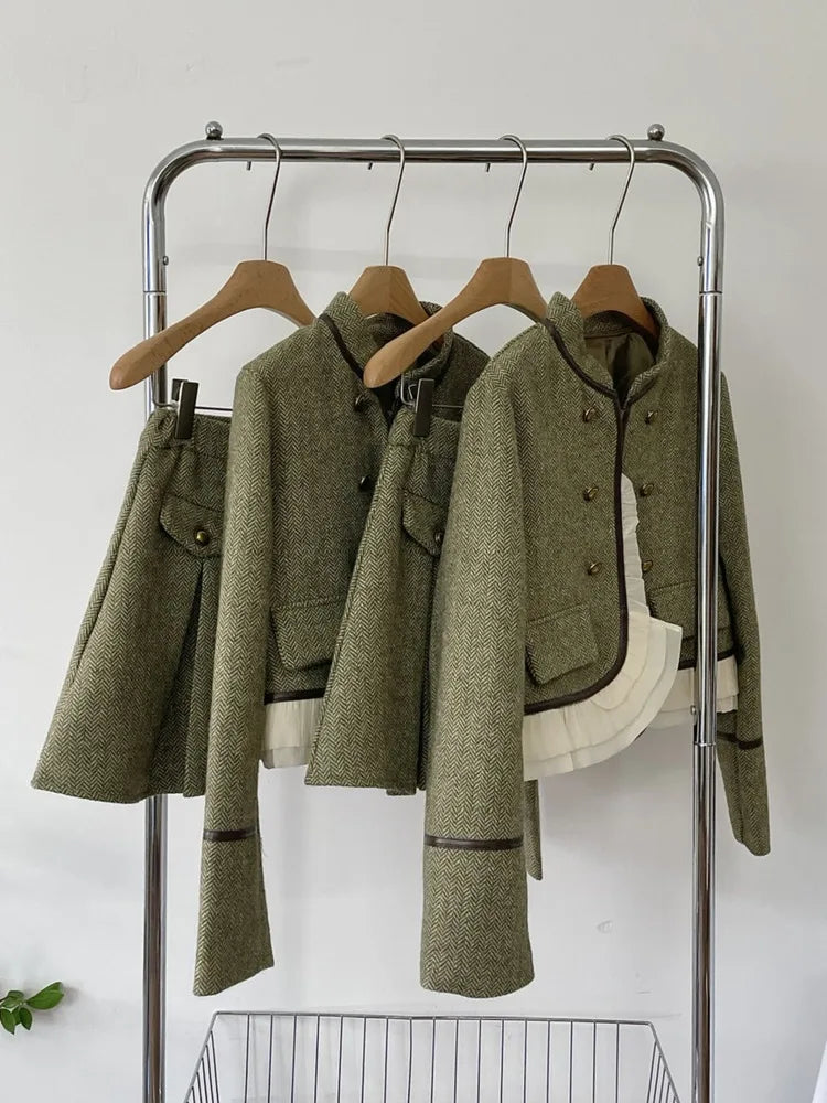 High Quality Fall Winter French Vintage Two Piece Set For Women Jacket Coat + Skirt 2 Piece Suits Conjuntos Femininos Elegantes