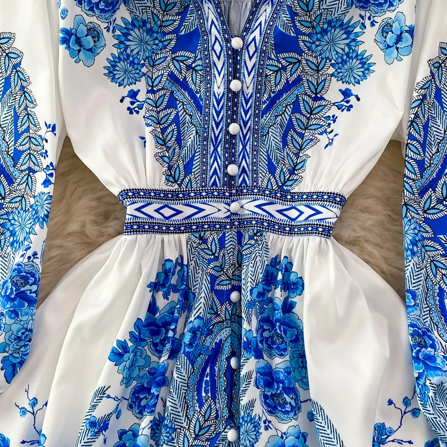 2023 Spring Autumn Women Short Dress Runway V-Neck Long Lantern Sleeve Single Breasted High Waist Party Vestidos A2297