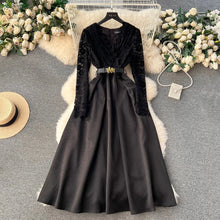 High Quality Vintage Elegant Fleece Lace Stitching Satin Belted V Neck Long Dress