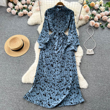 High quality vintage high neck pleated belt lantern long sleeve elegant dress