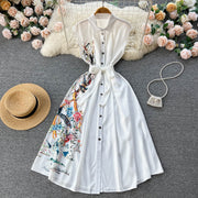 High Quality Bow Flower Print Sleeveless White Shirt Dress