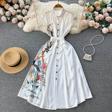 High Quality Bow Flower Print Sleeveless White Shirt Dress
