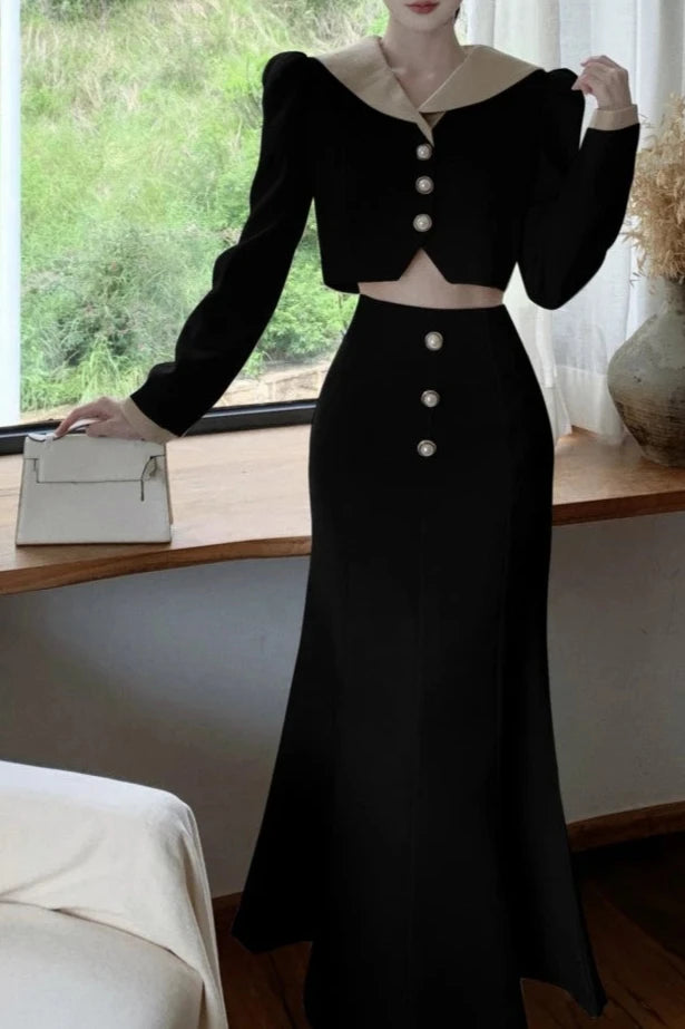 Elegant Two Piece Set Long Sleeve Short Coat + High Waist Mermaid Skirt High Quality