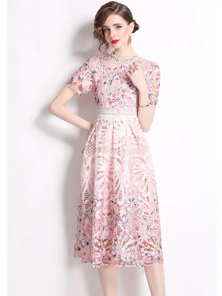 High Quality Short Sleeve Slim Waist Lace Hollow Out Dress