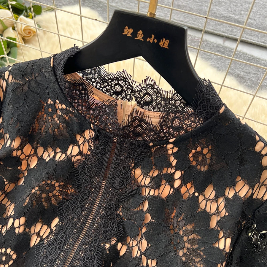 Chic vintage Hook flower hollow lace long sleeve Elegant Fairy korean fashion autumn Party women clothing
