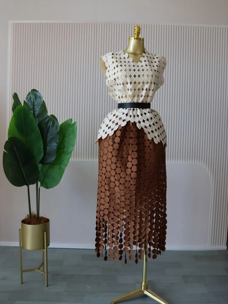 Women's two-piece set, featuring a round neck crop top and a long fitted midi skirt.