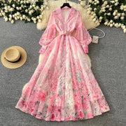 Long Dress Women Dresses Print Floral Turn Down Collar A Line Vestidos Lantern Sleeve Elegant High Waist Y2k 2025 Streetwear