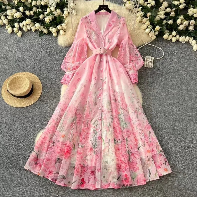 Long Dress Women Dresses Print Floral Turn Down Collar A Line Vestidos Lantern Sleeve Elegant High Waist Y2k 2025 Streetwear