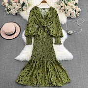 Retro Sweet V Neck Slim Lace -up Print Autumn Summer Elegant Elastic Dress A-line Long Sleeve Vacation Women Mermaid Dresses