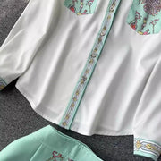 Summer Cartoon 2 Pieces Set Women Turn Down Collar Long Sleeve Two Pockets Chiffon Shirt Top + Irregular Vintage Mini Skirt Suit