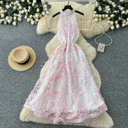 Summer Women's Halter Sleeveless Holiday Dress Luxury Sequins Beading 3D Embroidery Flower Elegant Pearl Belt Party Vestidos