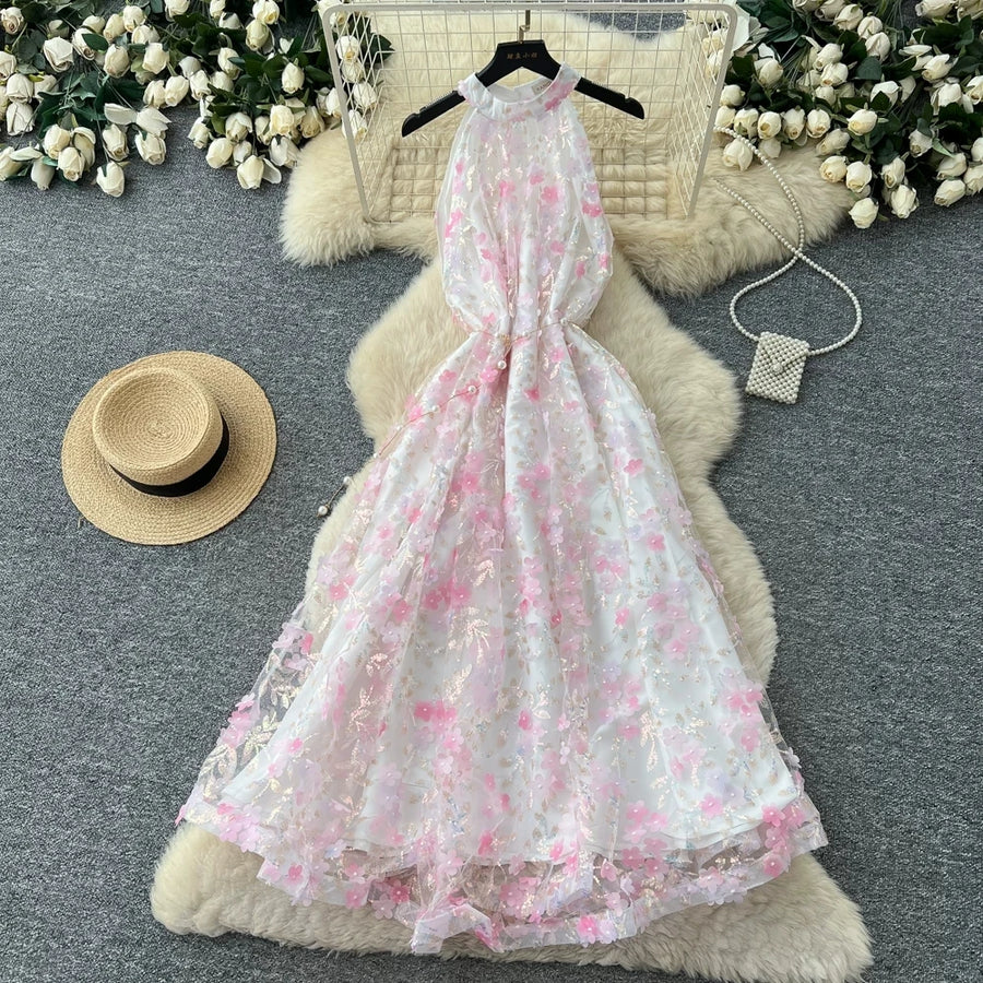 Summer Women's Halter Sleeveless Holiday Dress Luxury Sequins Beading 3D Embroidery Flower Elegant Pearl Belt Party Vestidos