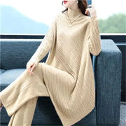 High Quality Turtleneck Knitted Wide Leg Irregular 2 Piece Set